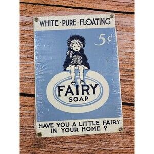 NEW SEALED Vintage 10 x 7" 5 Cents Fairy Soap Metal Enamel Sign Bathroom Decor
